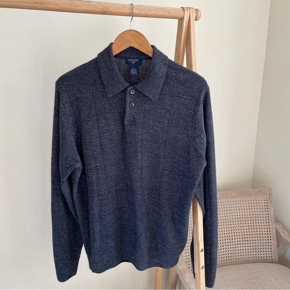 Vintage Checkered Grid Polo Neck Collared Henley Sweater in Charcoal - Picture 2 of 4